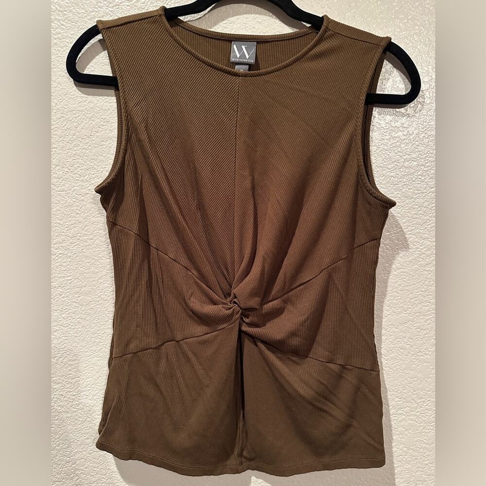 Worthington Olive Ribbed Faux Tie Peplum Front Tank Classic Work-Appropriate M